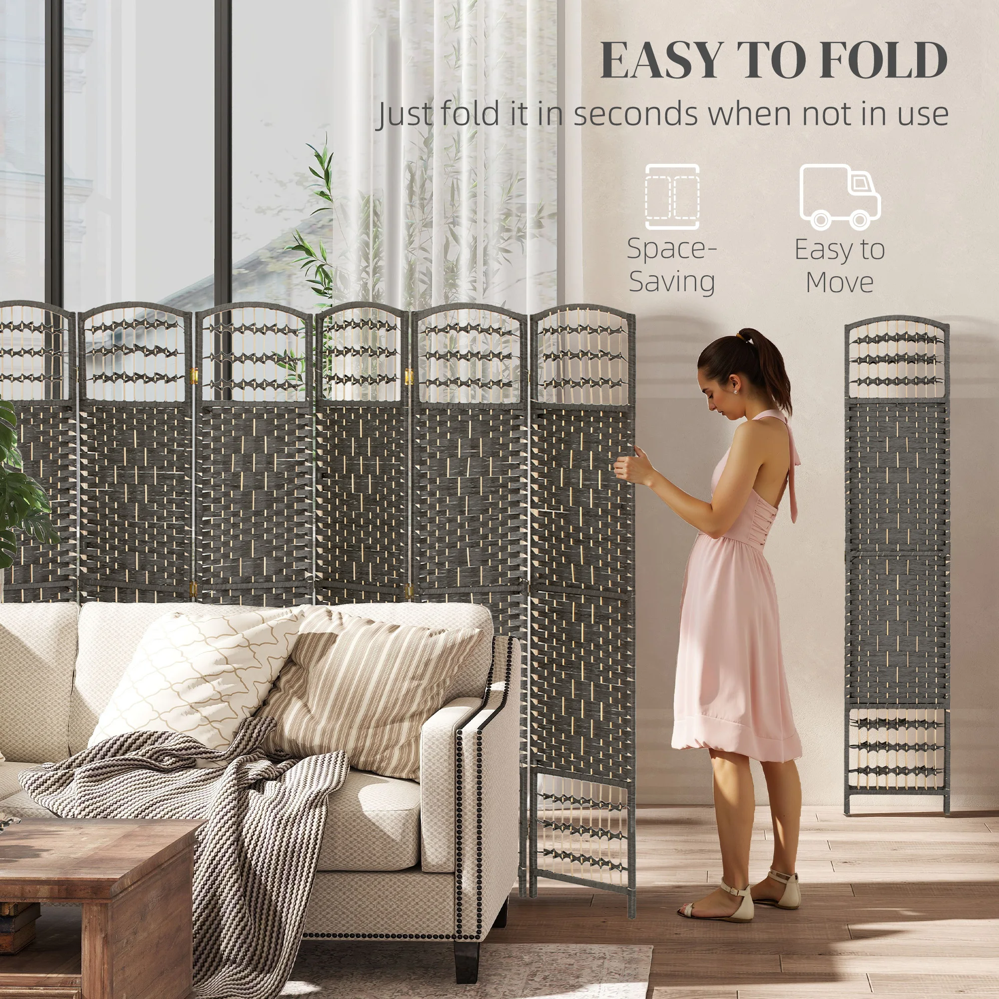 6 Panel Room Divider, Folding Privacy Screen, 5.6' Room Separator, Wave Fiber Partition Wall Divider, Dark Gray