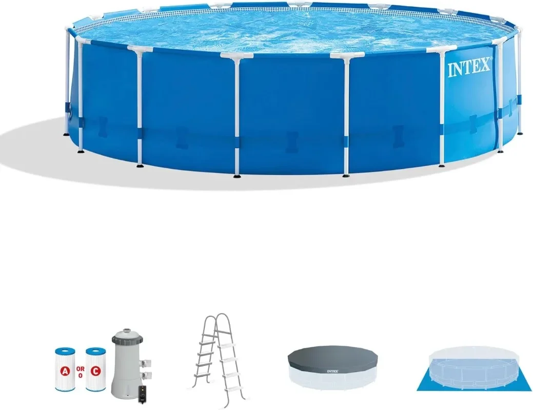 Intex 28241EH Metal Frame Above Ground Swimming Pool Set: 15ft x 48in – Includes 1000 GPH Cartridge Filter Pump–Removable Ladder