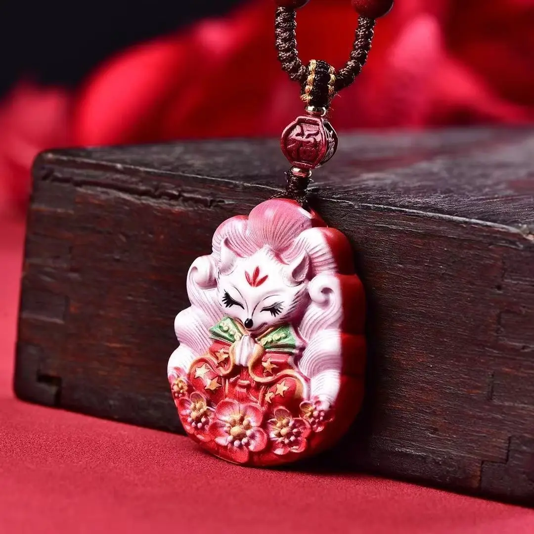 Chinese Style Natural Cinnabar Painted Nine Tailed Fox Pendant Necklace Lucky Blessing Attract Romance 2026 Zodiac Year Jewelry