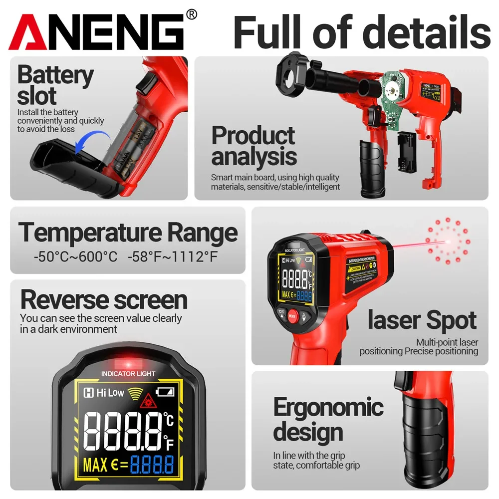 ANENG TH203 ميزان الحرارة الصناعي الذكي بالأشعة تحت الحمراء -50 ~ 600 ℃   مسدس درجة الحرارة VA عكس شاشة ملونة تستر متر البيرومتر تستر