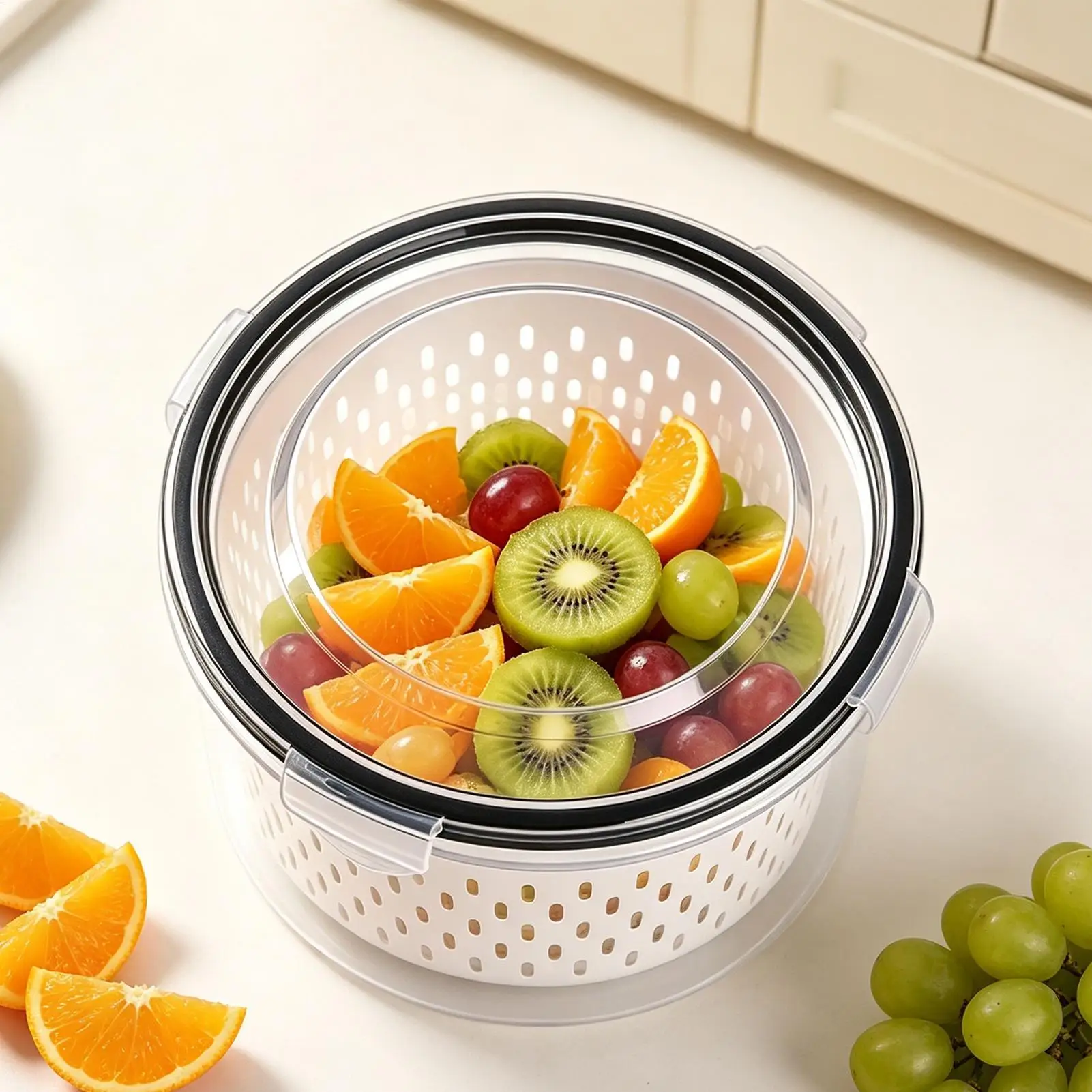 1pcs Fruit Storage Containers for Fridge, Fridge with Removable Colander, All-In-One Fruit Washing Bowl with Strainer for Home
