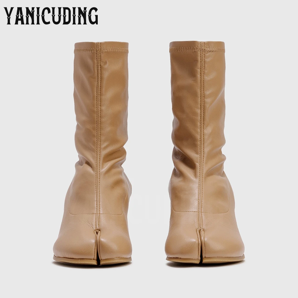 Botki na wysokim obcasie Tabi Stretch Botki damskie Miękkie skórzane botki Designerski styl Wsuwane cylindryczne obcasy Split Toe Comfort Boots