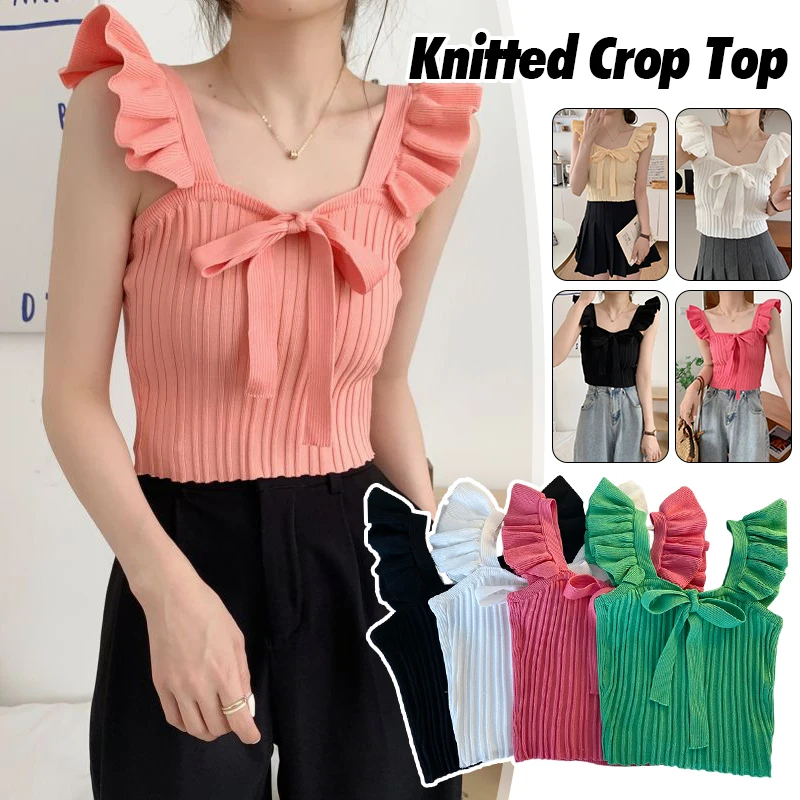 

Ruffle Short Sleeve Tops Slim Fit Rib Knit Summer Bowknot Front Knitted Casual Blouse Solid Color Top Casual Blouse 2024