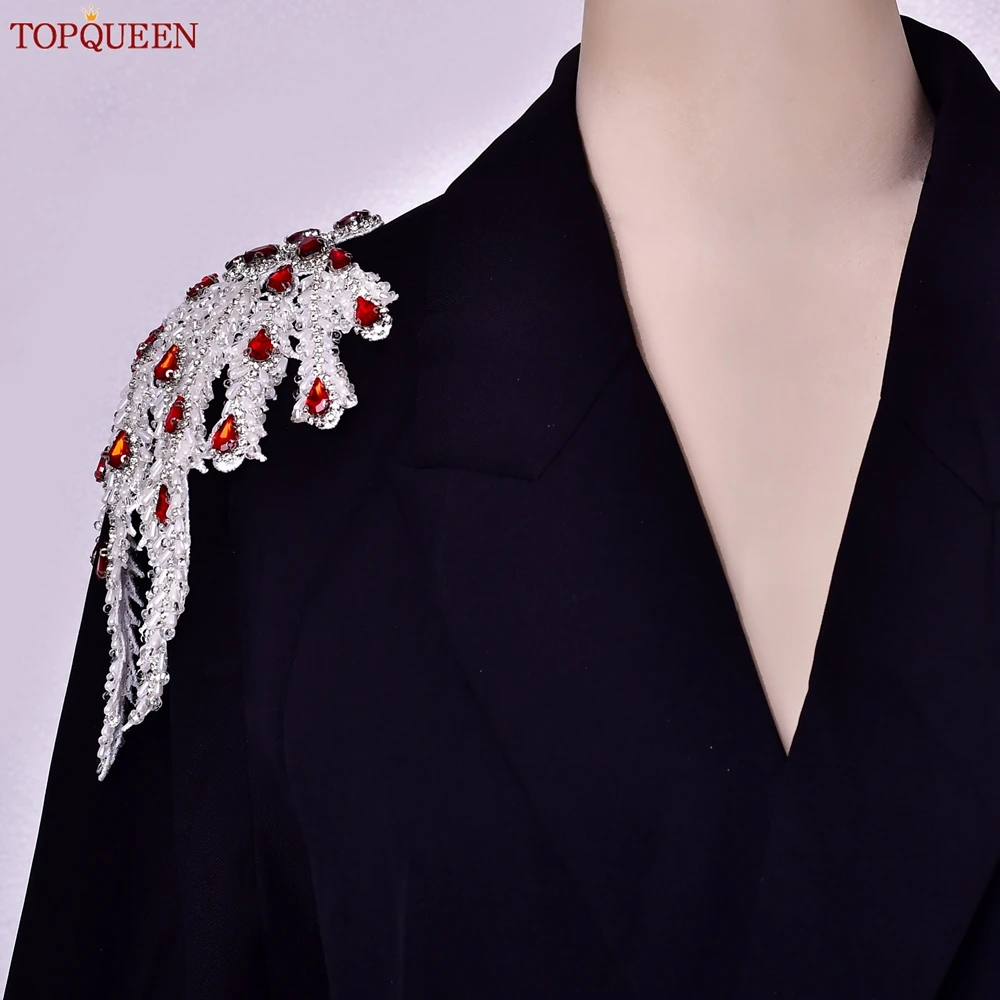 TOPQUEEN Hand-sewn Beaded Tassel Applique, Red Rhinestone Suit Shoulder Decorative Patch, Iron or Sew on Costume Dress SP66