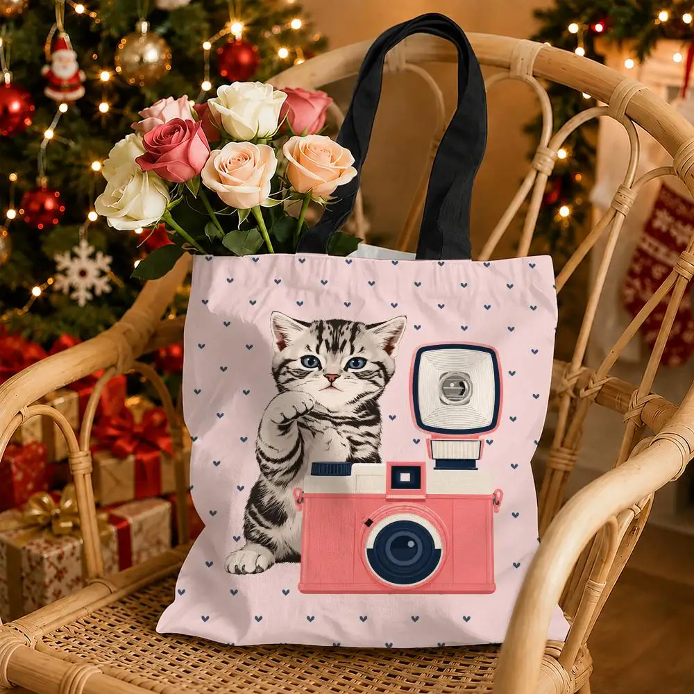 Kitten And Camera Storage Bags Canvas Tote Bag Double-Sided Print Durable Shoulder Handbag for Festival Party Gift