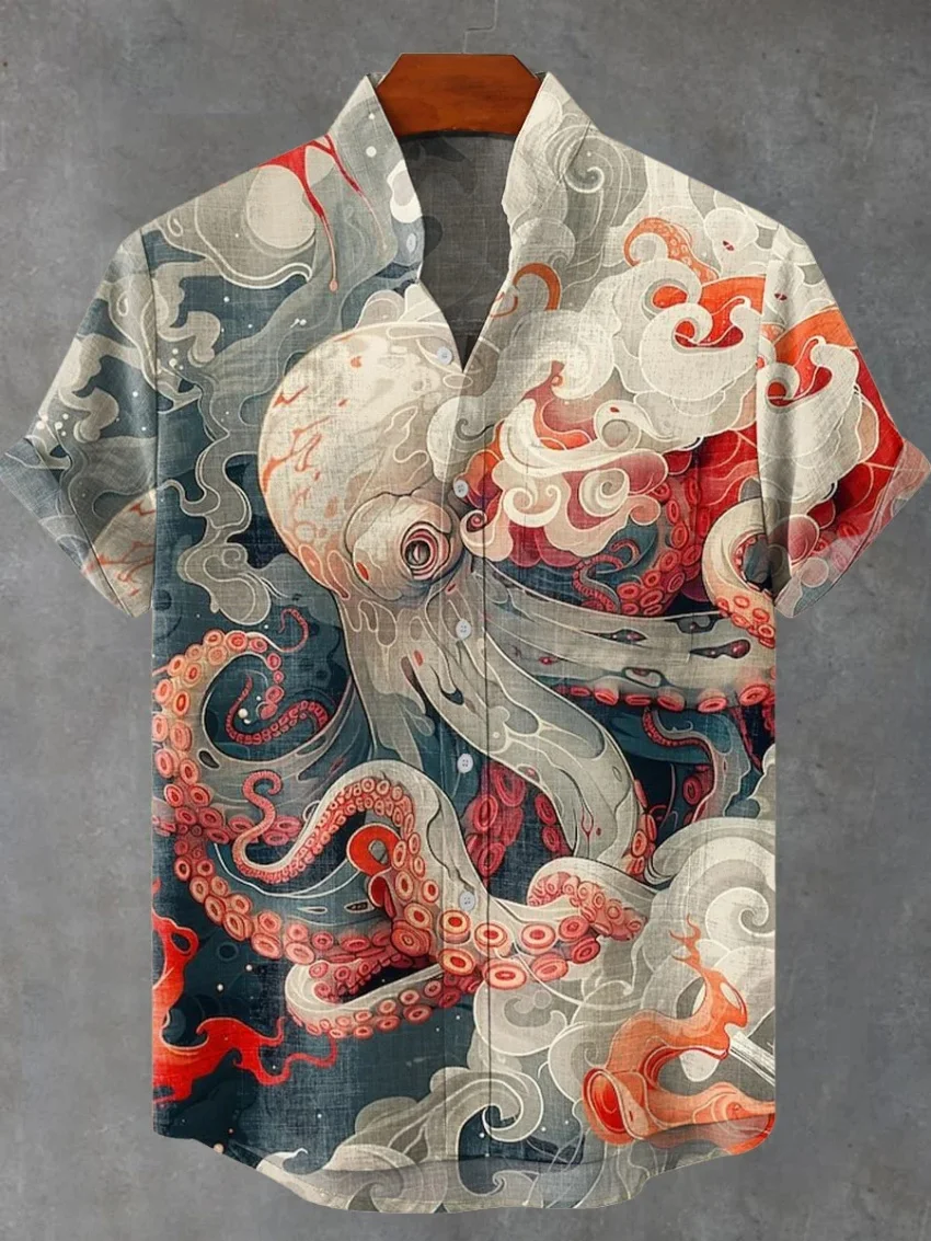 

Men's Linen Short Sleeve Shirt 3D Octopus Print Floral Text Beach Party Sportswear High Quality Clothing