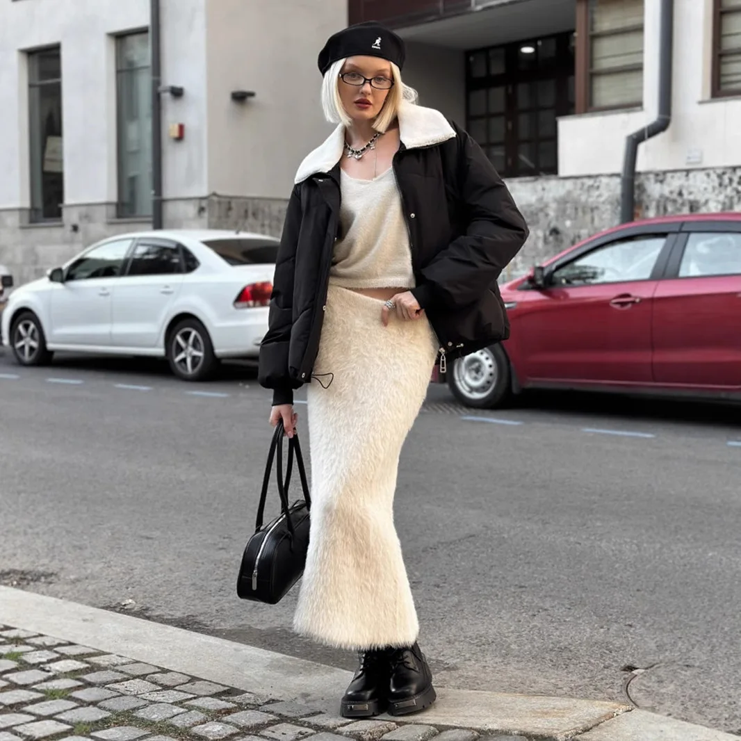 

White Knit Elegant Long Skirt For Women Fur Feather High Waist Slim Commute Autumn 2025 Clothes Female Knitwear Maxi Skirt
