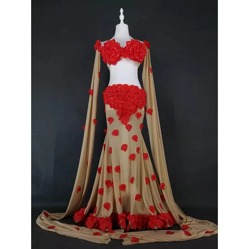 

customized belly dance costume performance costume set 3D floral bra long sleeved top long skirt samba carnival costumes