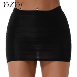 Women Stretchy Shirring Miniskirt Ladies Summer Mini Skirts Mid Waist Elastic Waistband Ruched Skirt for Party Nightclub