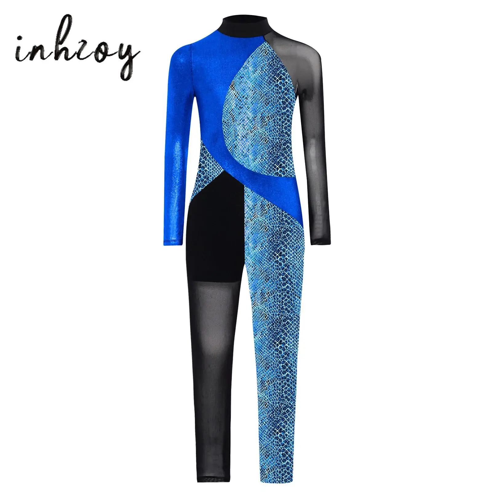 

Kids Girls Metallic Snakeskin Color Block Asymmetrical Gymnastics Jumpsuit Sheer Mesh Splice Long Sleeve Ballet Dance Bodysuit