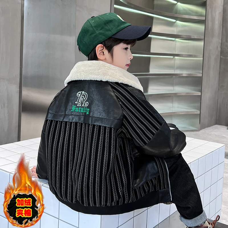 سترة خريف وشتاء وسيم للأطفال مع معطف جلد دافئ سميك عالي الجودة؛ 4-15 سنة #3