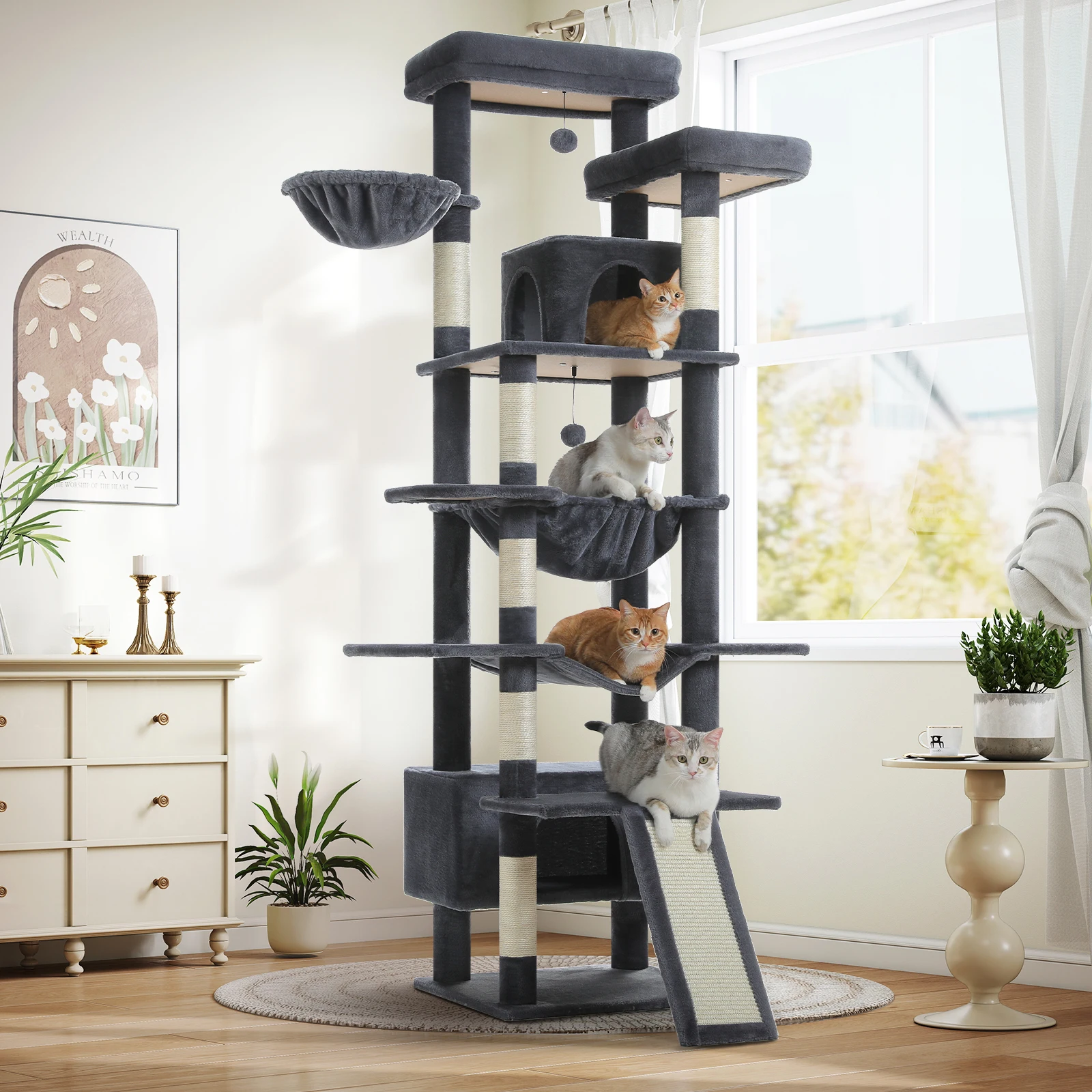 

Multi-Level Cat Tree Tower with Cozy Hammocks,Top Perches,Large Condos,6 Scratching Posts,Cat Scratching Ramp for Indoor Cats