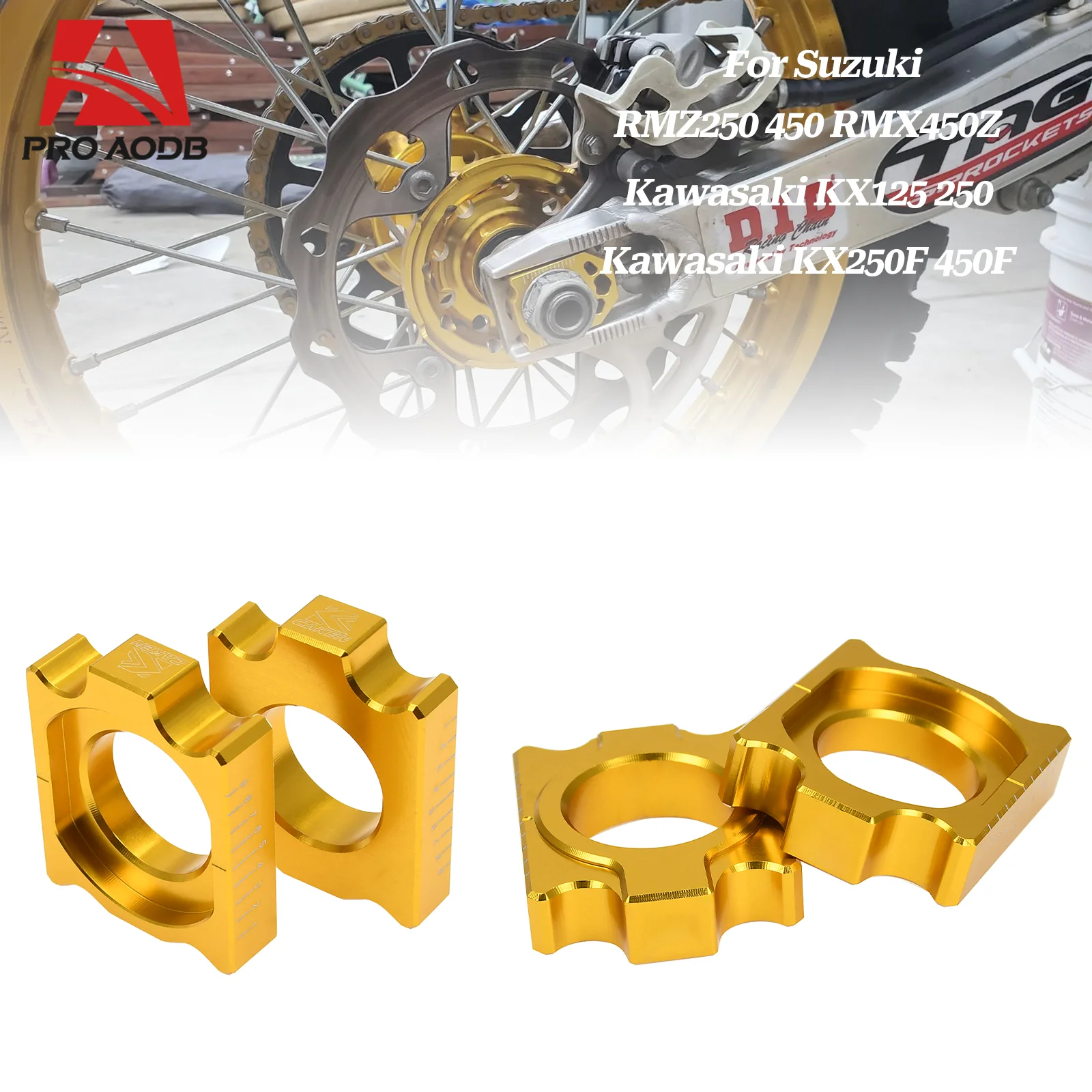 

Gold Pair Rear Chain Adjuster Axle Block CNC Motorcycle For SUZUKI RMZ 250 450 RMX 450Z Kawasaki KX 125 250 250F 450F KLX450R