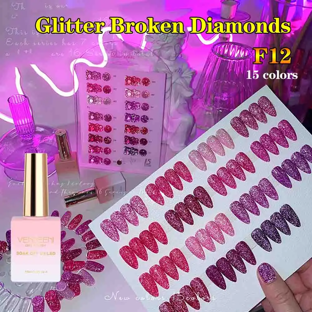 Vendeeni 15 Farben rot rosa Glitter gebrochen Diamant Gel Nagellack glänzend UV-LED-Lack Nail Art Dekoration einweichen