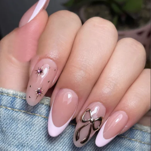Cross-border Wearing Nail Pads Wholesale Bow French Manicure Nail Pads Finished 24 Pieces Foreign Trade Fake Nail Pads