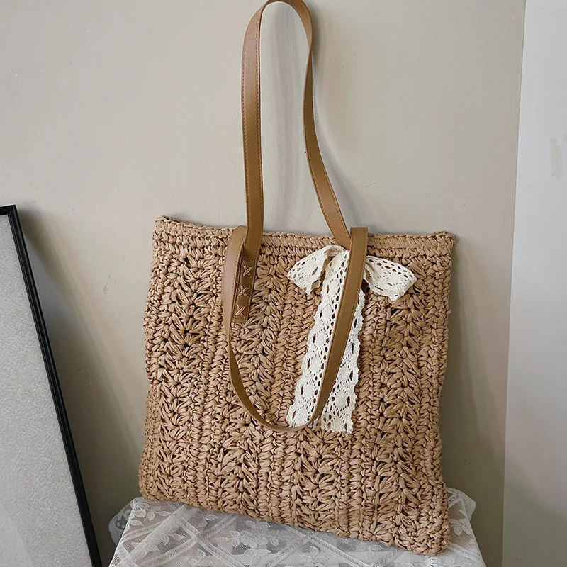 Square Hollow Straw Beach Bag Handmade Woven Shoulder Bag Raffia Rattan Shopping Travel Bag Bohemian Summer Vacation Casual Tote