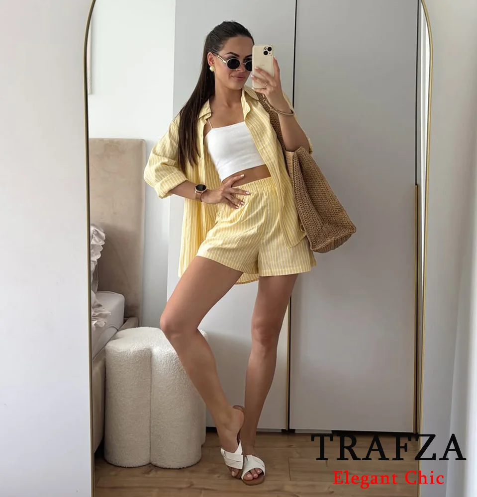 

TRAFZA Casual Stripe Shorts Set Women's Buttons Loose Shirt Or Elastic Waist Shorts 2025 Fashion Spring Summer Holidays Suit