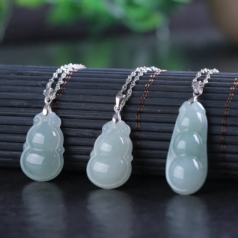 

Antique Style with Certificate Ice Glutinous Jade A Grade Gourd Pendant Necklace 925 Silver Inlaid Jade Pendant Gift for Mom