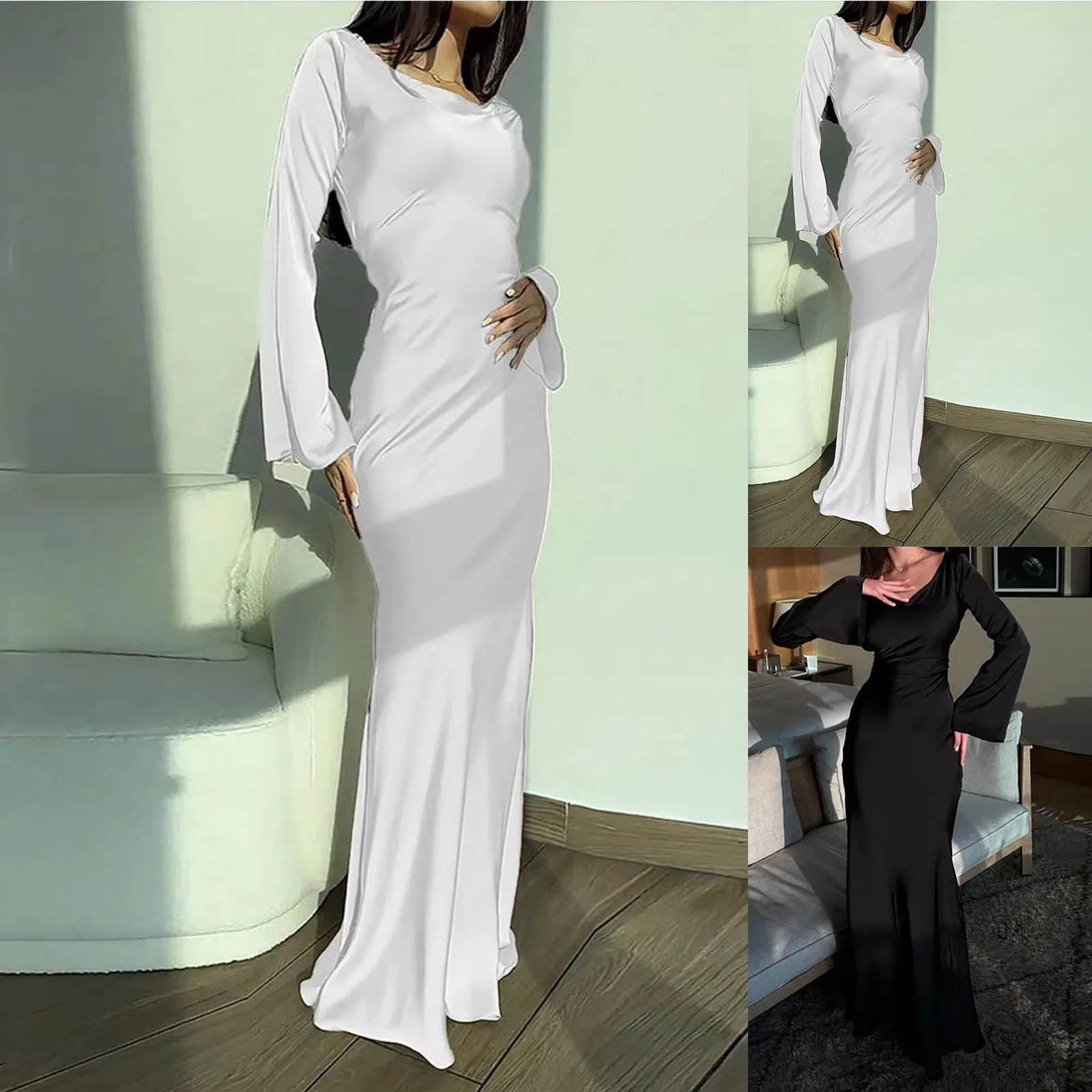 Autumn Elegant Satin Champagne Dress Long Sleeve O-Neck High Waist White Bodycon Dresses Women'S Long Evening Dress Party Gown