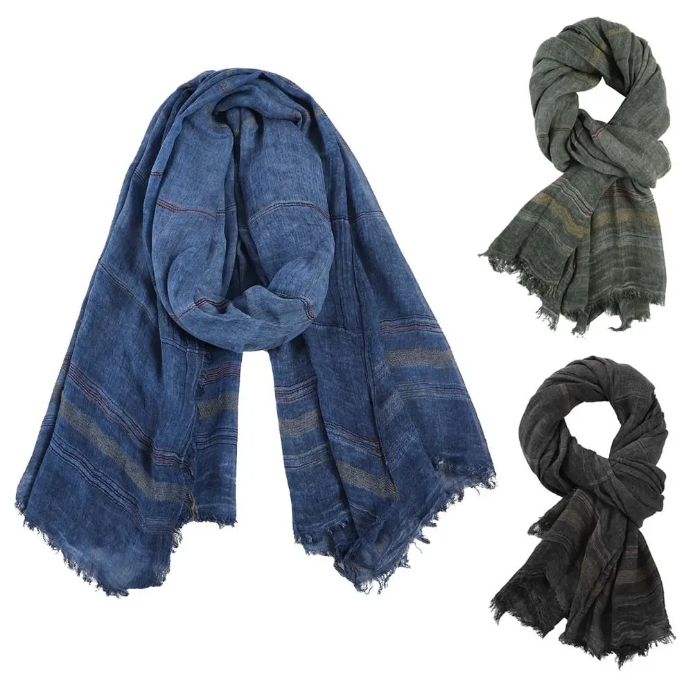 Cotton Linen Yarn-dyed Winter Men's Scarves Striped Lightweight Bufanda Wraps Male Accessories Tassel Neckerchief Wrap