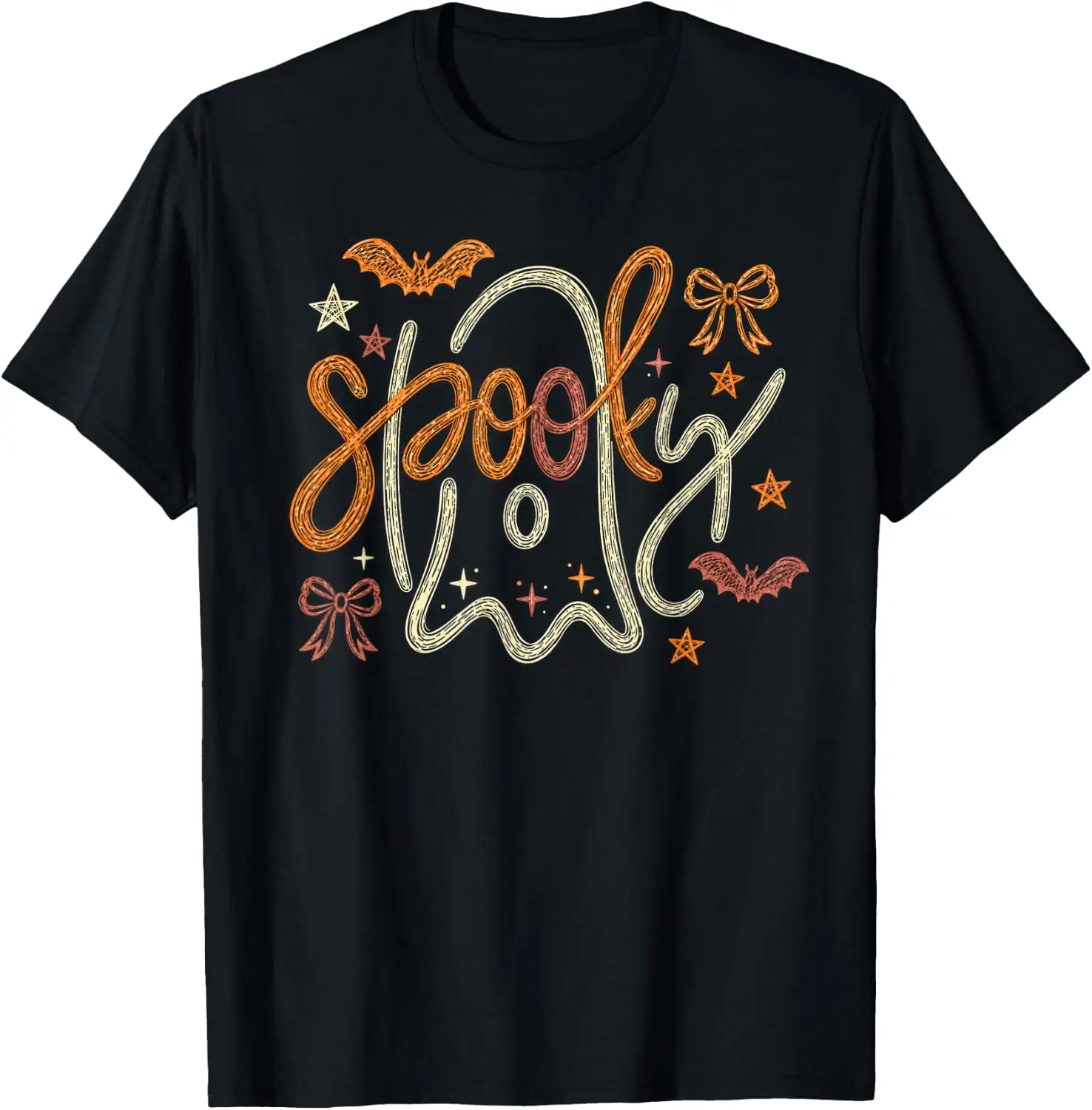 Spooky Ghost, Retro Halloween Doodles Outline T-Shirt Men Vintage Graphic T‑Shirt, Casual Crew Neck Short Sleeve Retro Art Print Tee, Classic Distressed Style Printed Top