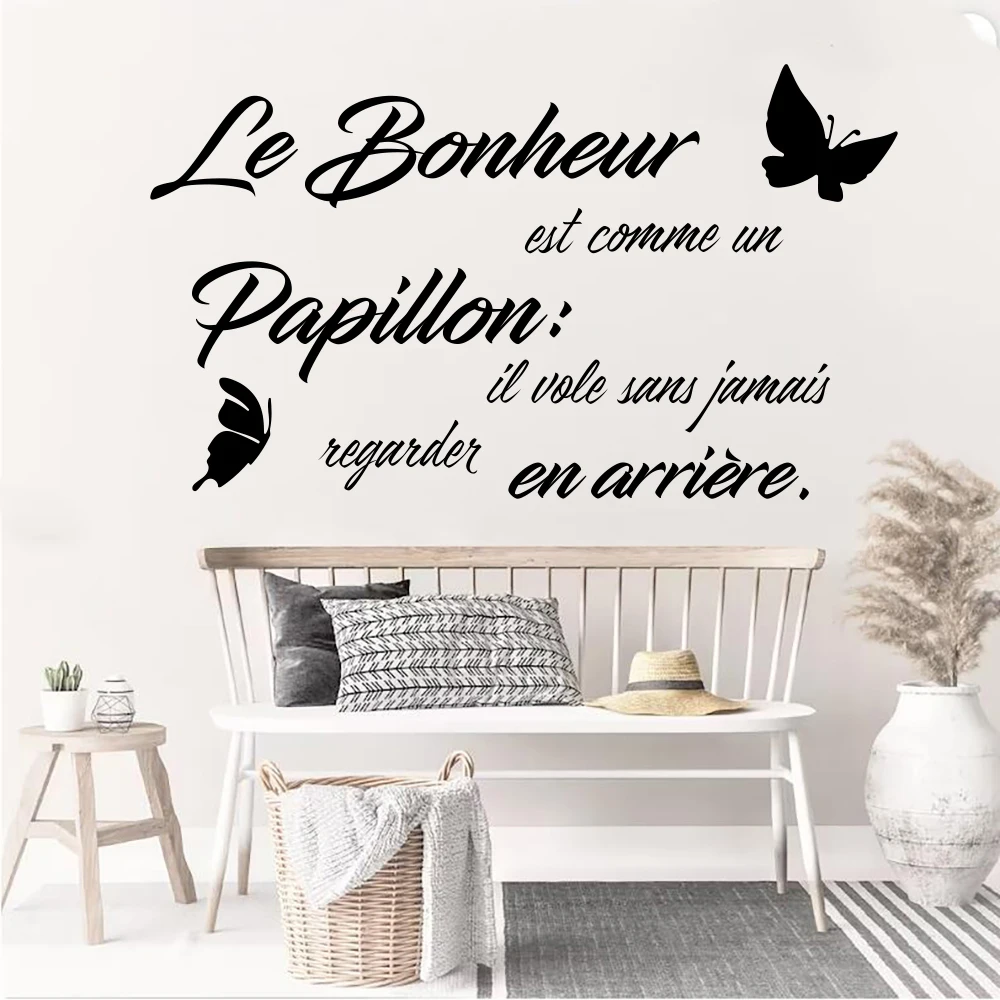 French Happiness Is Like A Butterfly Wall Stickers Inspirational Quote Slogan Wall Decals for Bedroom Living Room Home Decor