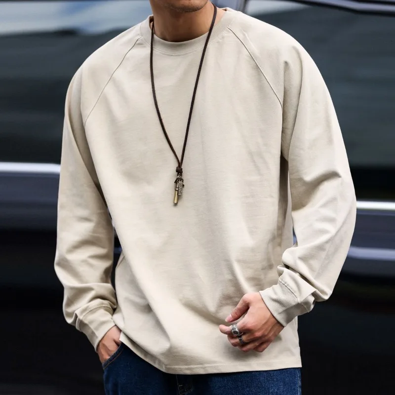 

American Retro Heavy Rag-sleeved Long-sleeved T-shirt Men's Round Neck Pure Cotton Versatile Trendy Brand Casual Base Shirt Top