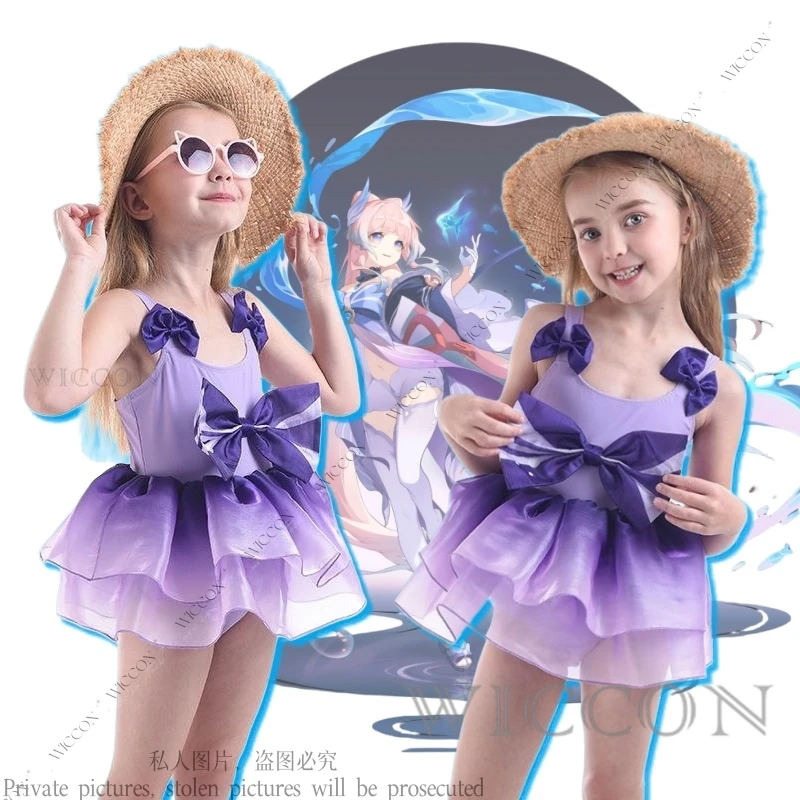 Sangonomiya Kokomi Genshin Impact Cosplay Costume Straw Hat Children's Swimsuit Kid Cute Girl Summer Daily Outfit Lovely Kawaii