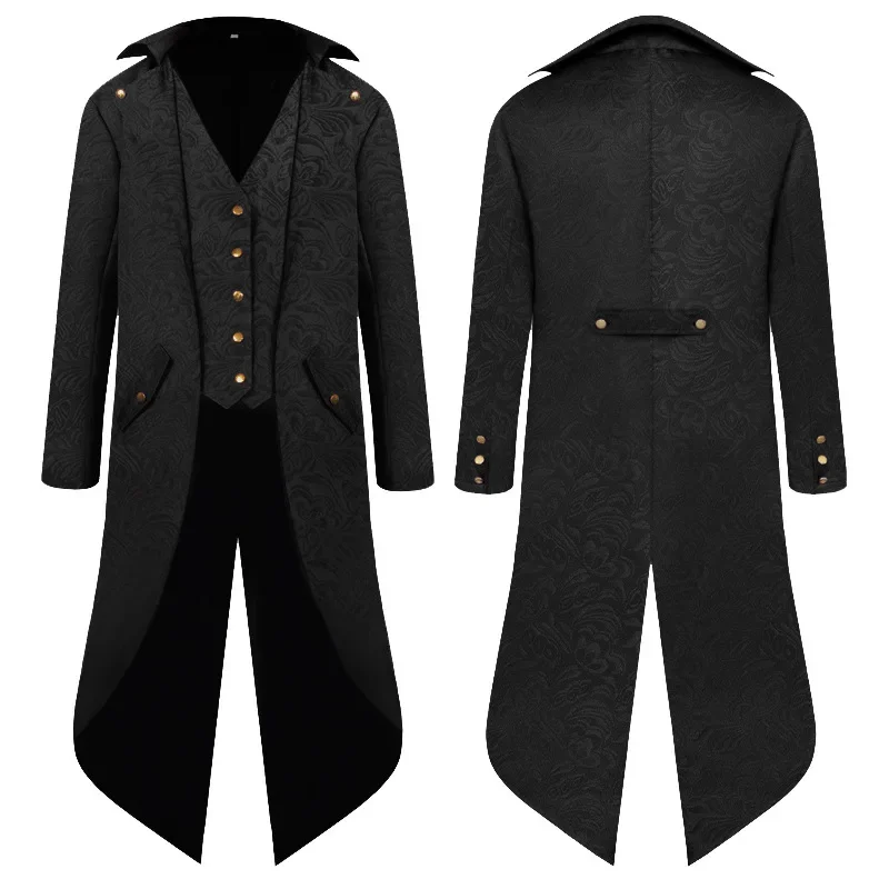 Men Steampunk Vintage Jacquard Tailcoat Jacket Medieval Gothic Victorian Frock Coat Uniform Party Prom Halloween Cosplay Costume