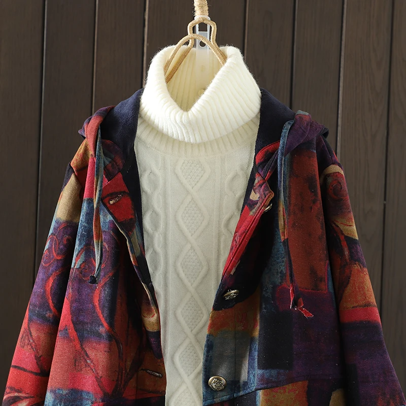 

Retro Thiened Fce Cotton Jaet Long Loose Belly Covering Printed Hooded Coat Autumn Winter New Sle Women's Faion
