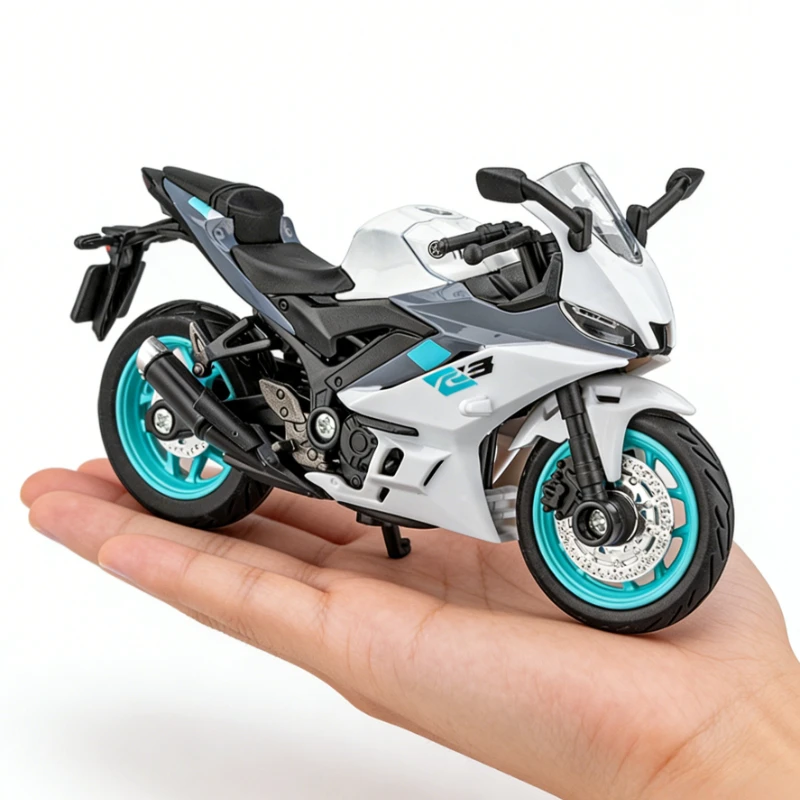 

Модель мотоцикла Yamaha R3 из сплава, масштаб 1:18, в коробке, детская скользящая модель, креативное украшение, декоративный элемент.