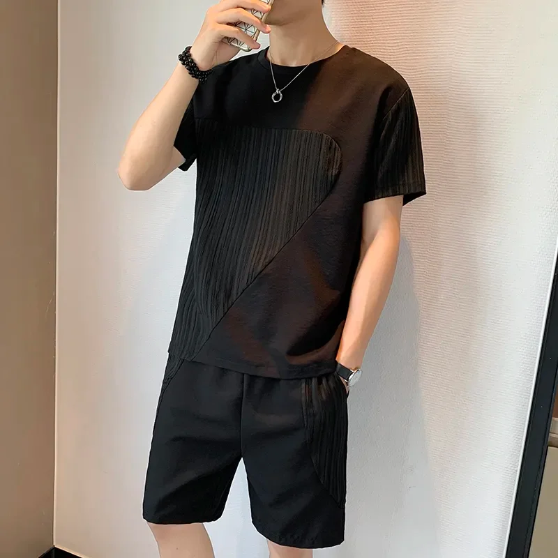 

Men's Summer Ice Silk Casual Set Korean Style Pleated Patchwork Short Sleeve T-shirt and Shorts 2 Piece Outfit