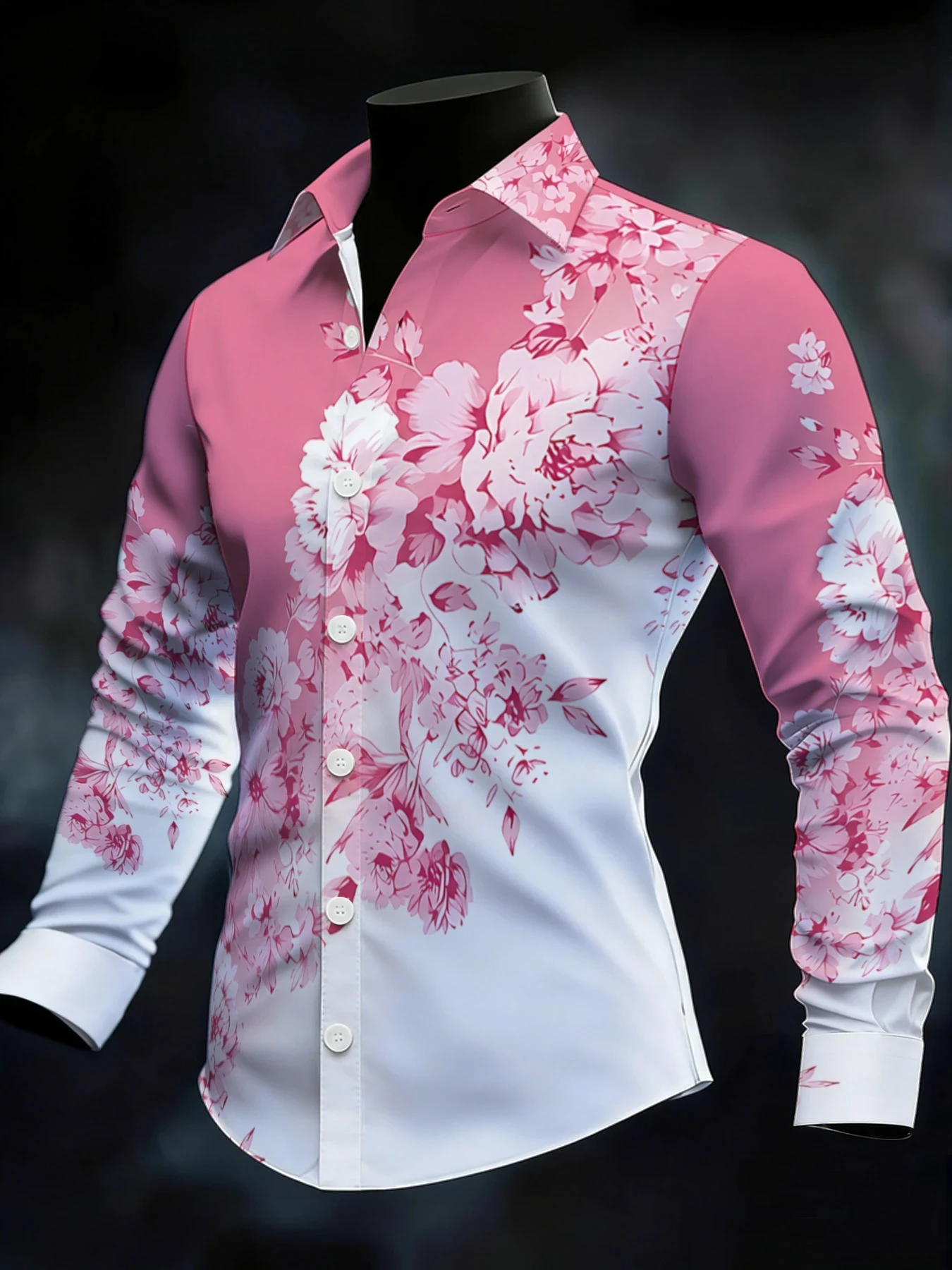 Men Pink White Floral Print Long Sleeve Shirt Turn‑Down Collar Button‑Up Polyester Casual Party Dress Blouse