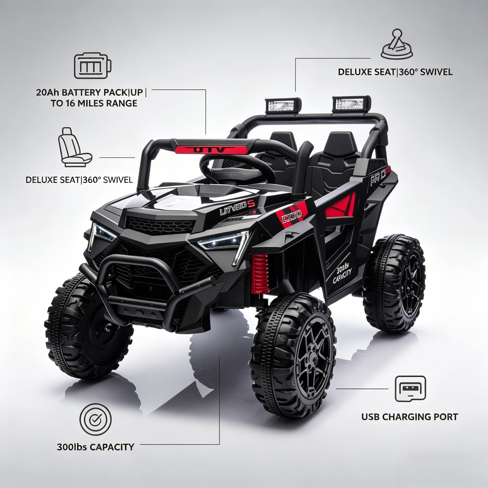 

Детский электрический UTV 24V 400W, скорость 3-6 миль/ч, с пультом управления для родителей, четырехколесная подвеска, LED-подсветка, Bluetooth, USB, для детей от 3 лет.