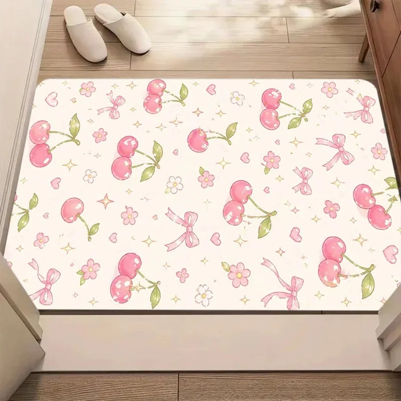 Pink Cherry Bow Tiny Daisy Print Doormat Non Slip Cute Entry Mat Sweet Girly Front Door Balcony Kitchen Rectangle Door Rug