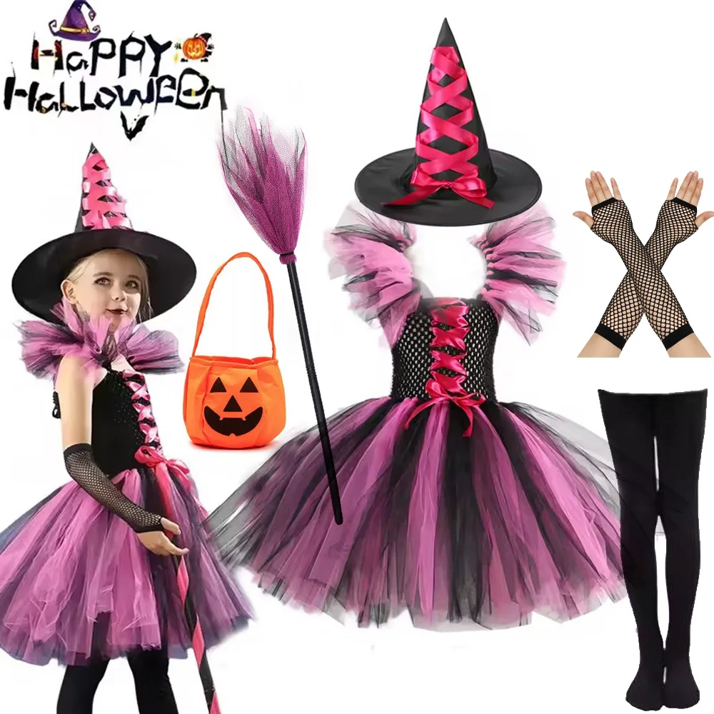 Halloween Pink Witch Girl Costume Tutu Dress Carnival Dress Up Party with Hat Purple Vampire Cosplay Dress  2-10Y