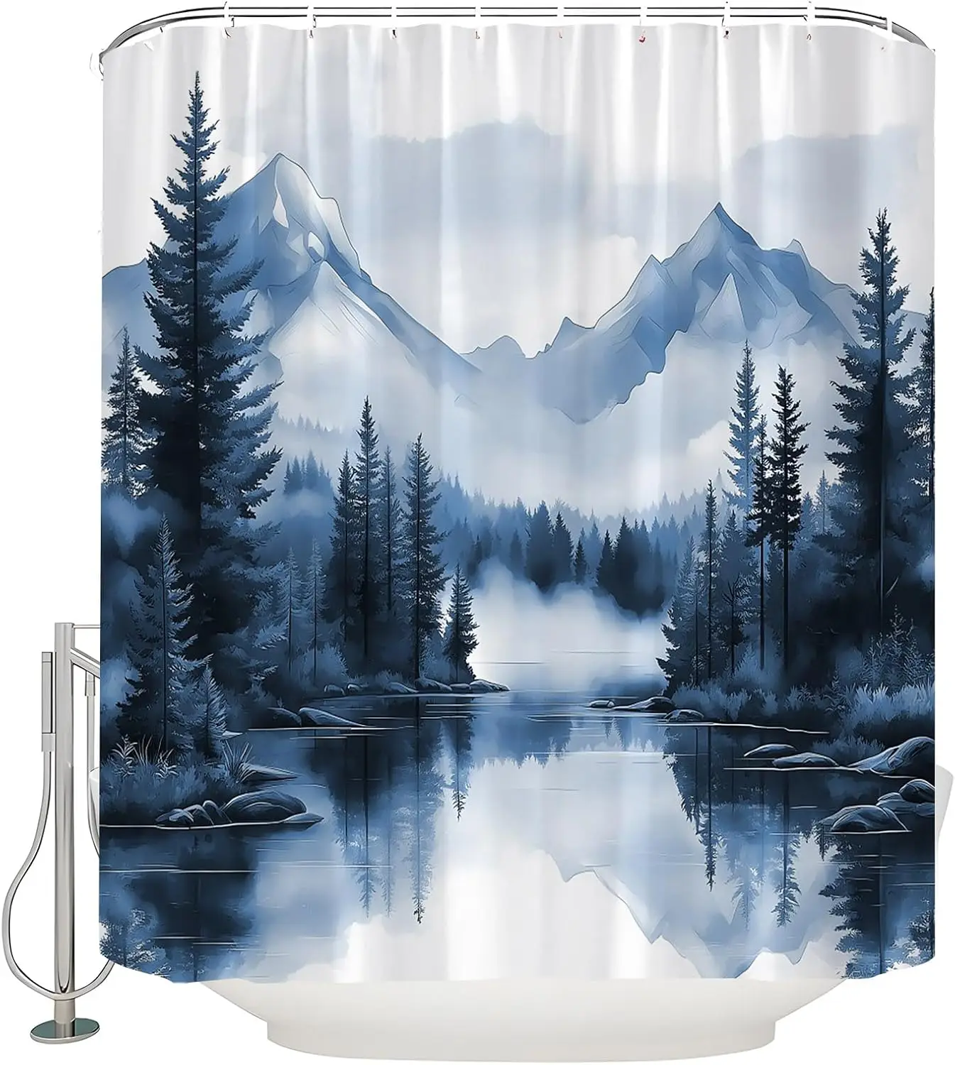 Realistic Forest Mountain Landscape Shower Curtain Deep Blue Misty Water Print 72x72 Inches Bathroom Decor