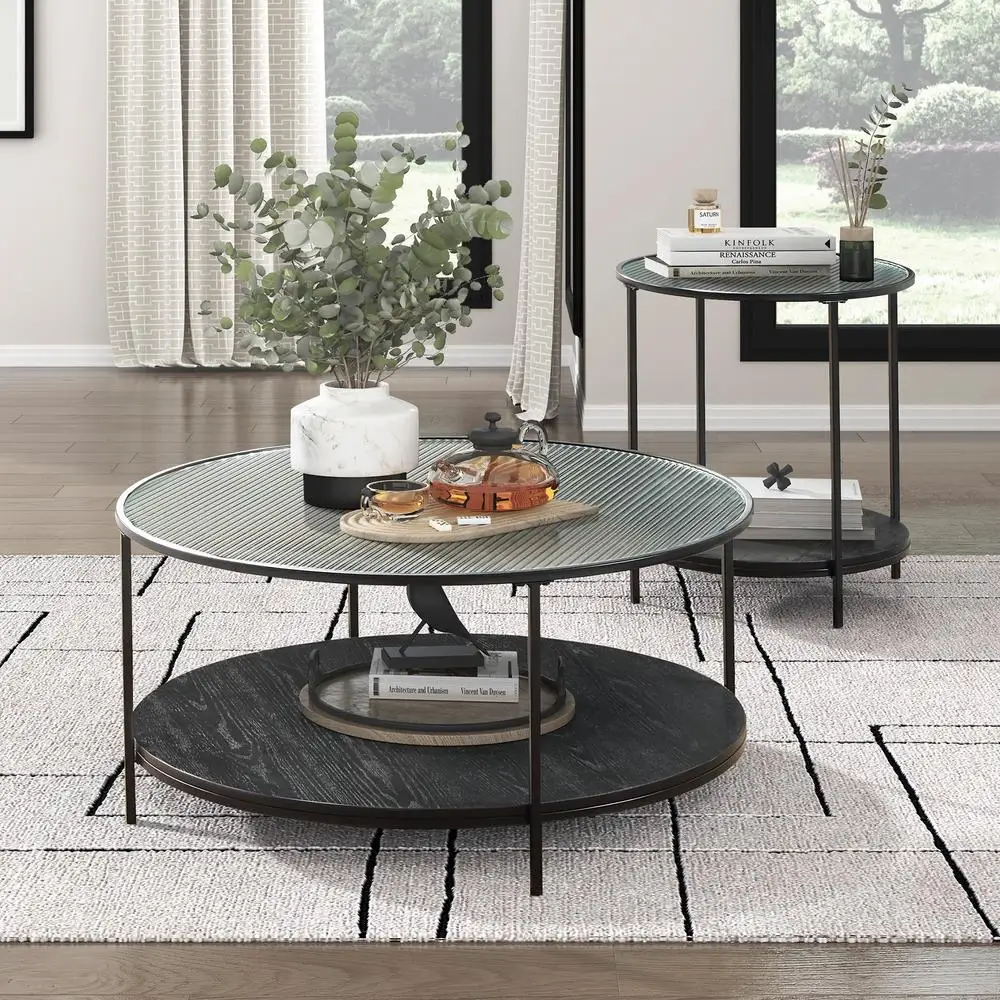 

Modern Coffee Table Set 2pc Round Glass Top Black Metal End Table Living Room Furniture with Lower Shelf