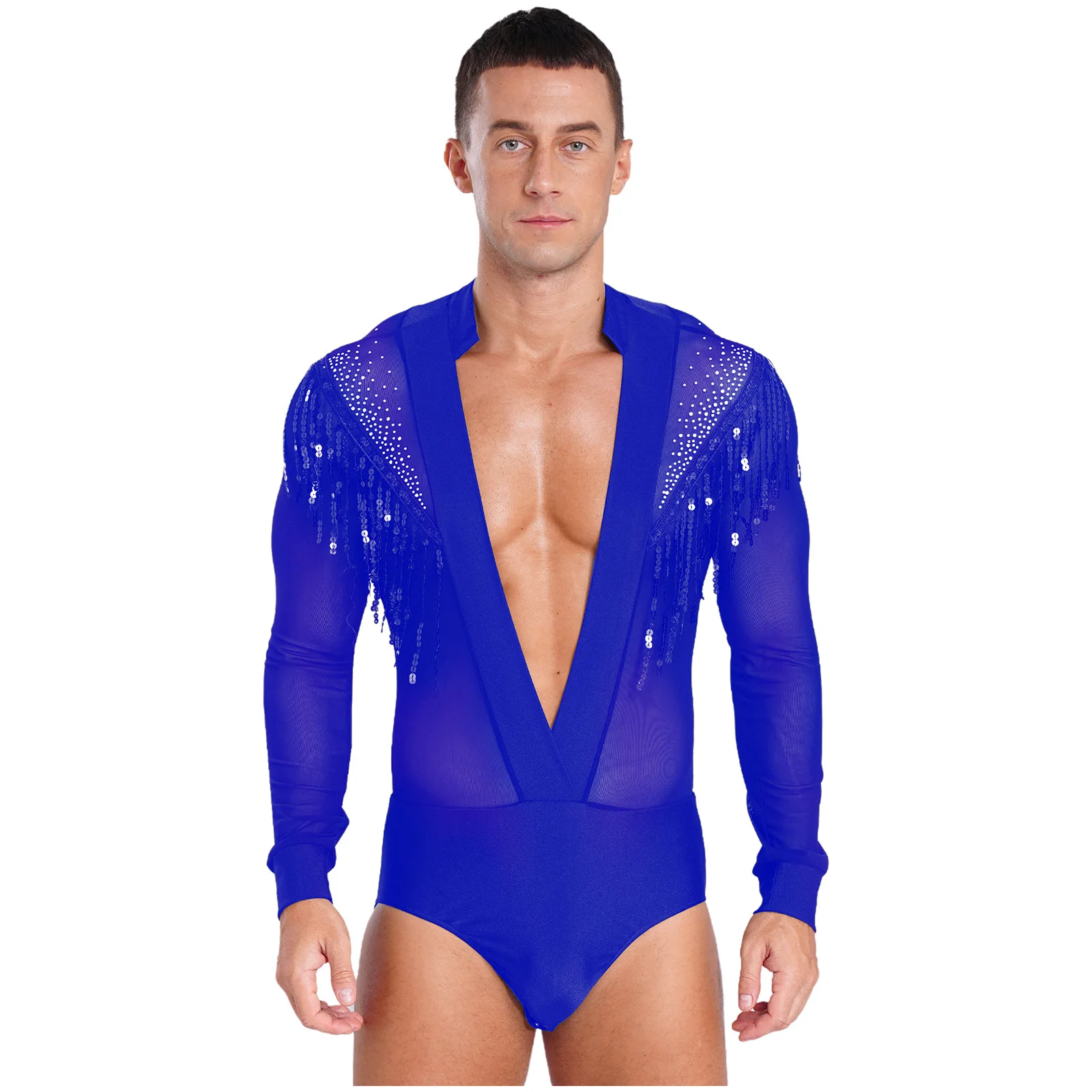 Men's V Neck Latin Modern Dance Leotard Shiny Rhinestone Jazz Rumba Chacha Ballroom Shirts Bodysuits Samba Salsa Tango Jumpsuit