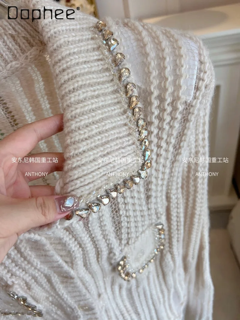 الموهير الماس رصع سترة المرأة الخريف الشتاء موضة جديدة فضفاضة البلوز واحدة الصدر عادية محبوك اقتصاص سترة