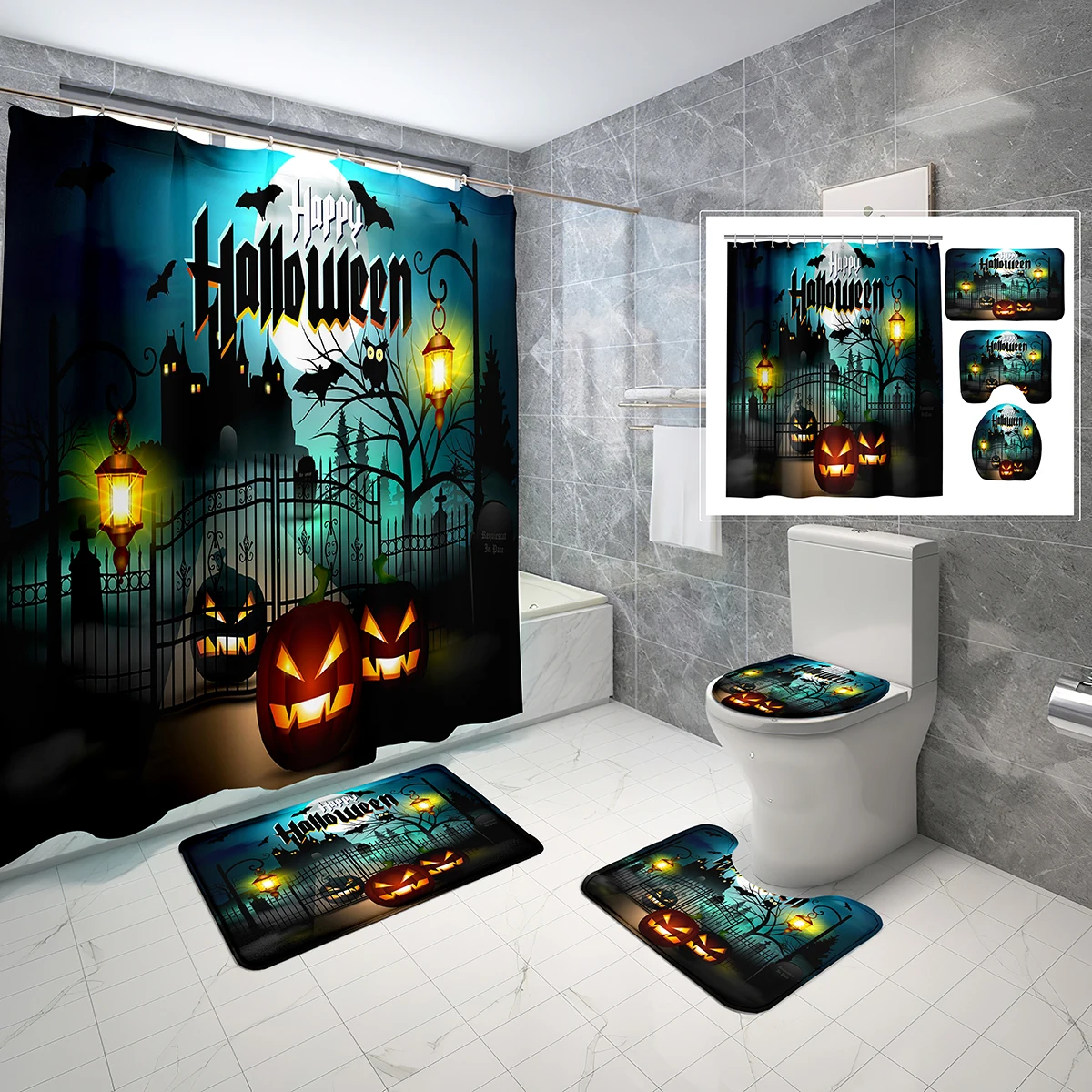 4 Pcs Halloween Shower Curtain Set with Toilet Lid Cover Bath Mat Night Bat Pumpkin Lantern Bathroom Set Waterproof Bath Curtain