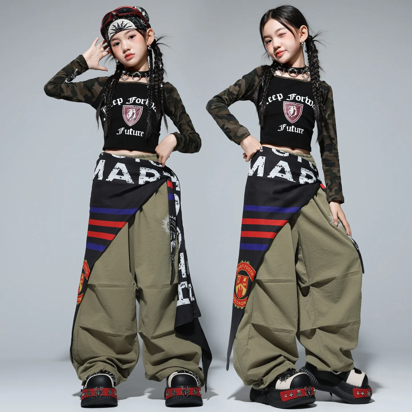 

Детская одежда в стиле хип-хоп Kpop, камуфляжная черная укороченная футболка с длинными рукавами, армейские зеленые штаны с парашютом для девочек, костюмы для уличных танцев, одежда