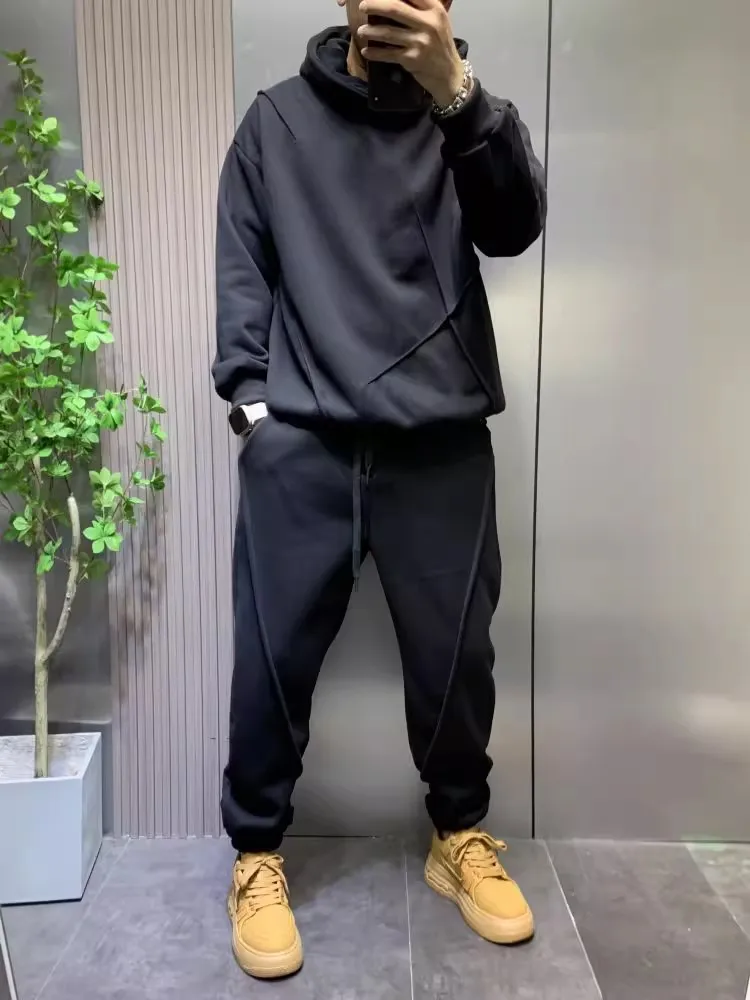 Men's 2Pcs Spring Autumn Tracksuit Solid Color Oversized Hoodie Pants Set Pinch Fold Streetwear Casual Loose Outfit