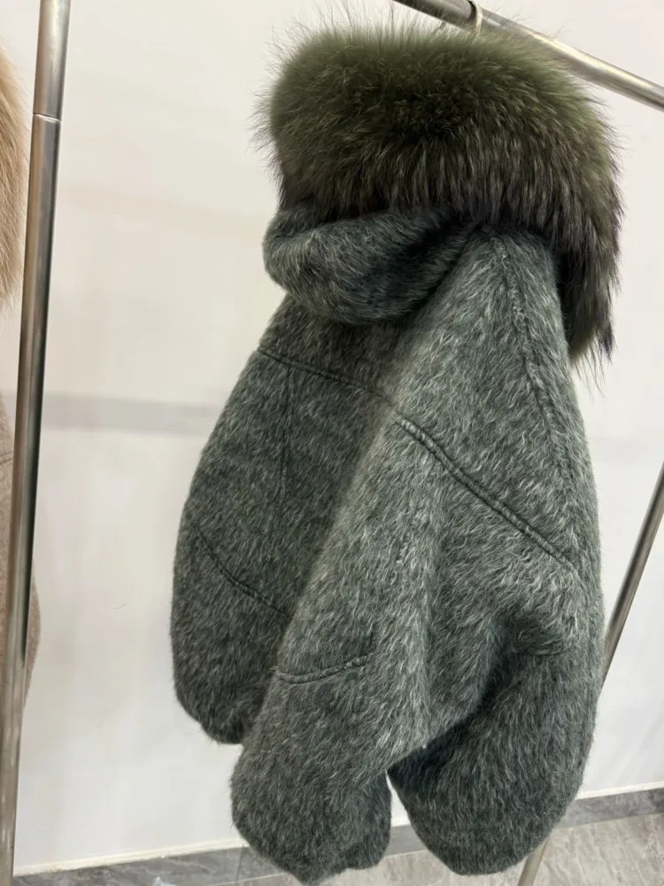 ZMEENNA المرأة مزيج الصوف معطف قصير المتضخم الفراء طوق المحاصيل سترة كاملة الأكمام الدافئة الفاخرة موضة ملابس خارجية ZM4590