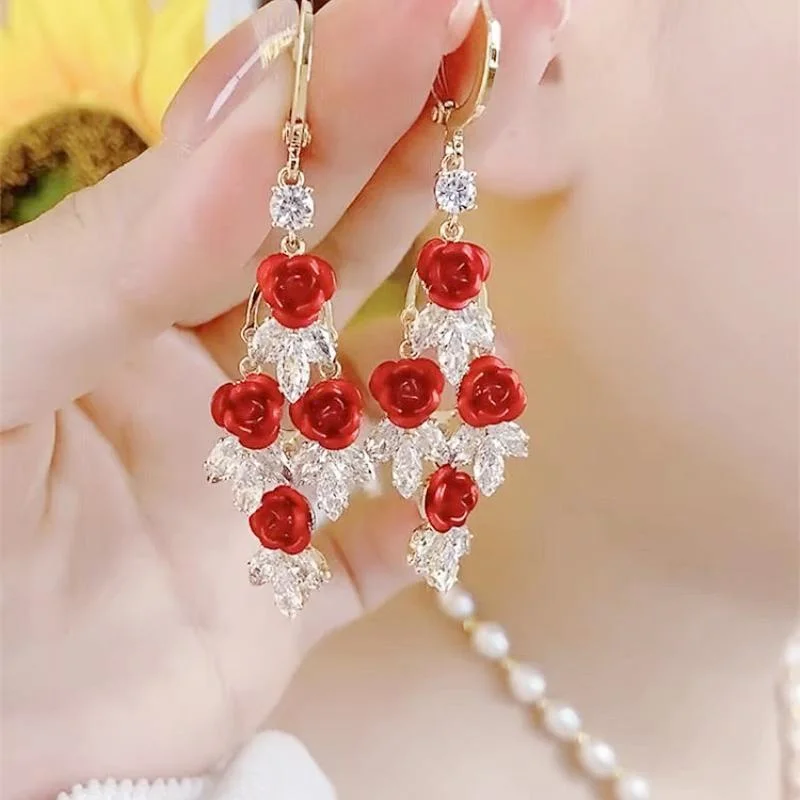 Modische Rote Zirkon-Ohrringe mit Langen Quasten für Damen, Elegante Rosenkristall-Anhänger-Ohrringe, Charms für Party und Hochzeit, Statement-Schmuck – Detail 10