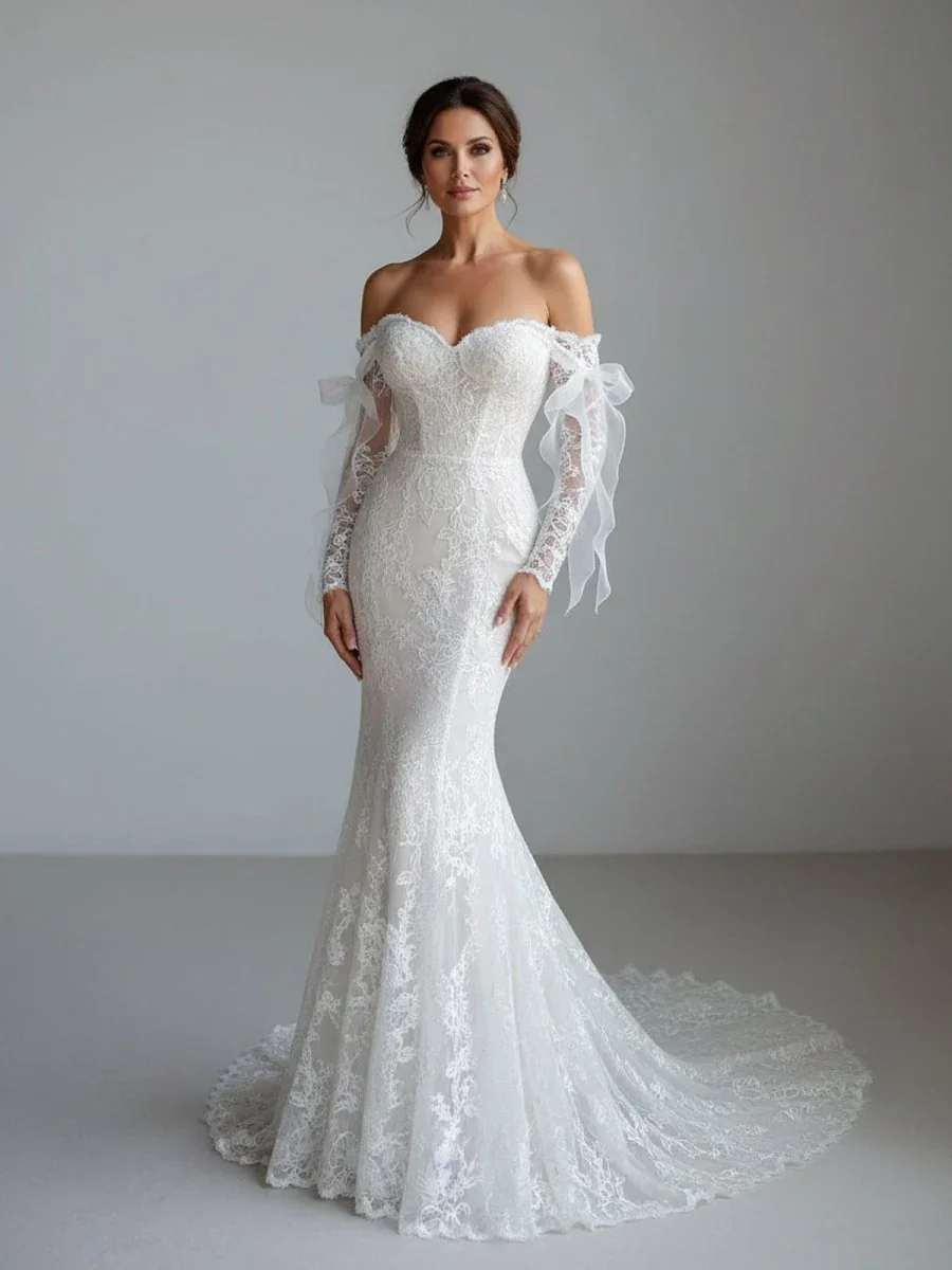 

Custom 2025 Women's Sweetheart Neck Fish Tail Dress Shoulder Bared Back Bared Long Sleeve Lace Embellished Wedding Gown
