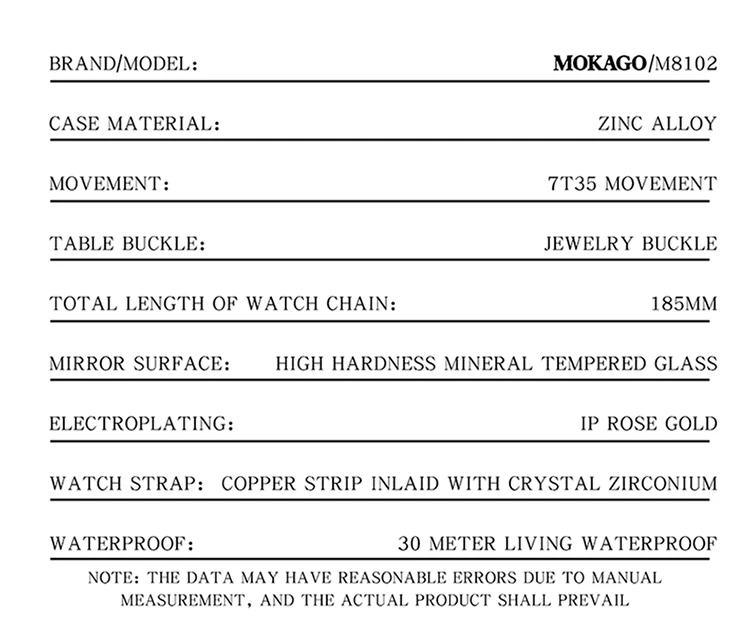 MOKAGO Rose Gold Ladies' Watch - Luxury Quartz Movement Stainless Steel Bracelet Dress Wristwatch