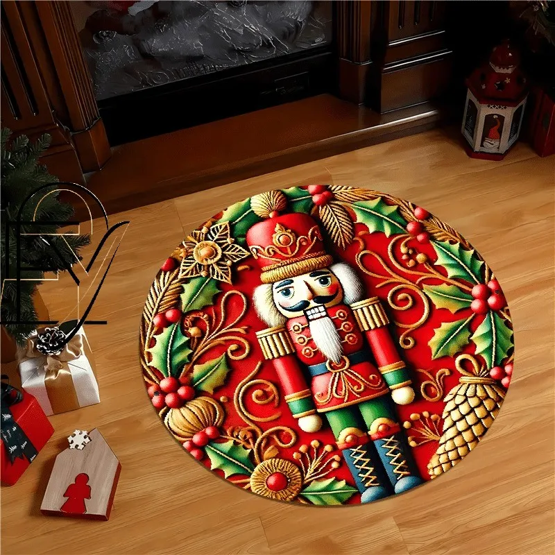 Soft Circle Rug 2D Flat Printing Merry Christmas Letters Carpet Flannel Soft Warm Luxury Ball Ribbon Bow Floor Pad