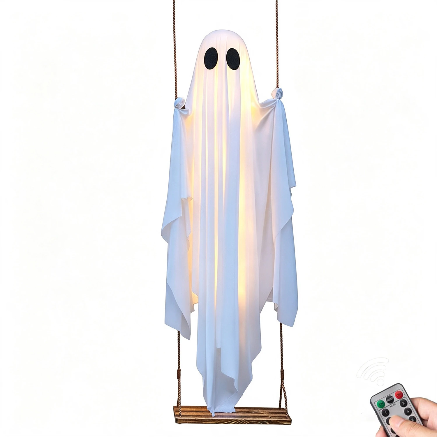 Image of Hängender Schaukelgeist Halloween-Dekoration Niedlicher Weißer Geist mit Lichterkette Gruseliges Geister-Ornament für Veranda Garten Bäume