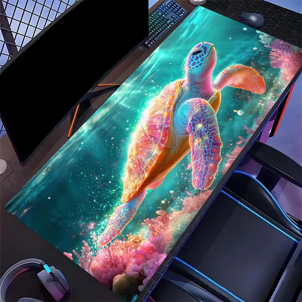 Glitter Sea Turtle Print Gaming Mouse Pad Large Desk Mat Anti-Slip Rubber Base Stitched Edge Keyboard Mat For Workstation